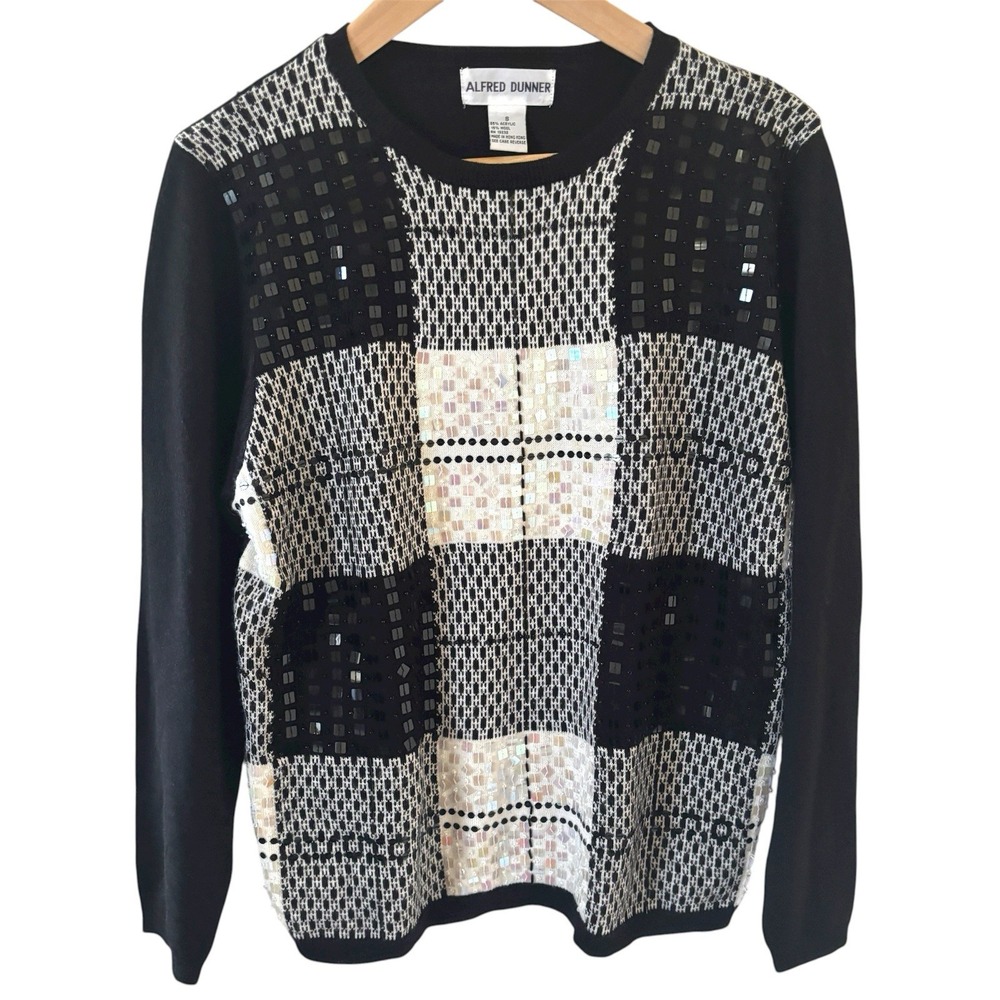 Vintage Alfred Dunner Womens Retro Sweater SZ Small Shiny Black White Wool Blend